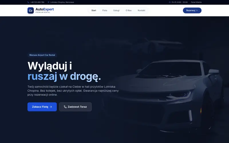 Zrzut ekranu strony AutoExpert — wypożyczalnia samochodów